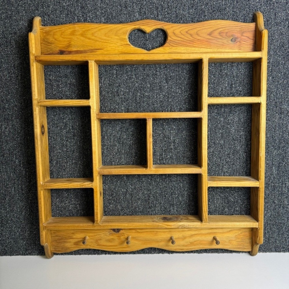 Vintage Wood Heart Cutout Wall Shelf Curio Display 9 Slots 4 Pegs Large 25x29x3